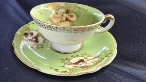 Green Porcelain Cup & Saucer Set Ardalt Verithin Decorative Gold Trim